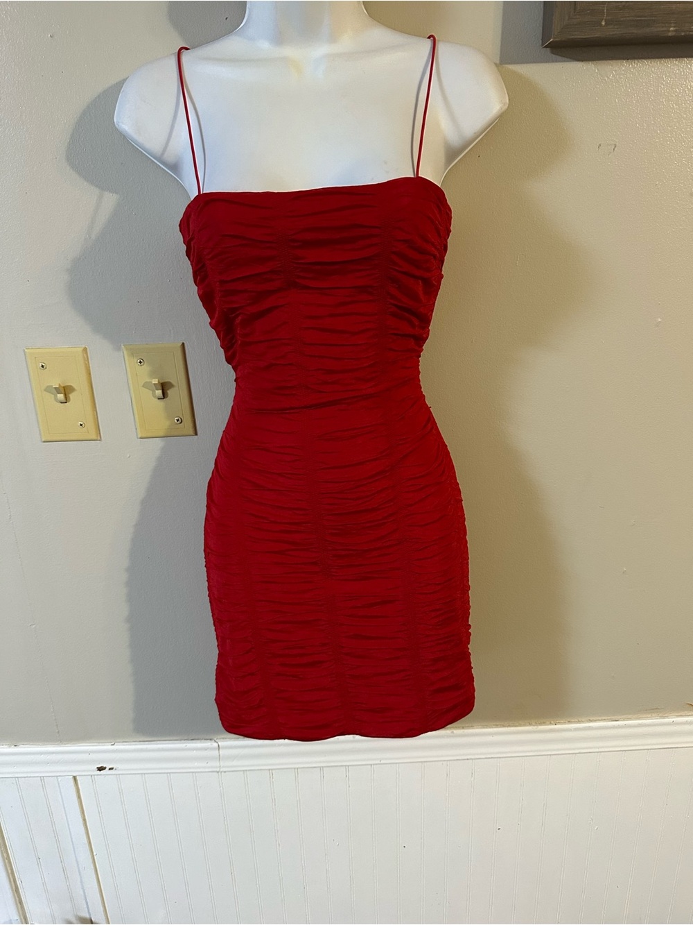Ruched Red Spaghetti-Strap Mini Dress